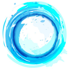 Round frame. Blue vector background with brush strokes and splas