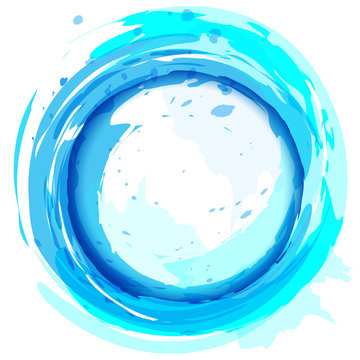 Round frame. Blue vector background with brush strokes and splas