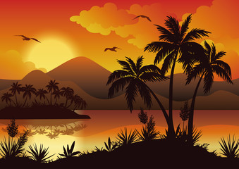 Fototapeta na wymiar Tropical islands, palms, flowers and birds