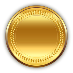 Event background. Shiny round golden medal with shadow. Vector.