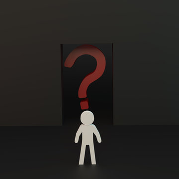 Person with red question mark in door