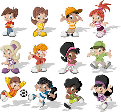 Group of happy cartoon children playing