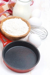 ingredients and frying pan for a batch of pancakes