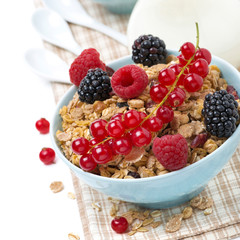 muesli with fresh berries and milk, close-up
