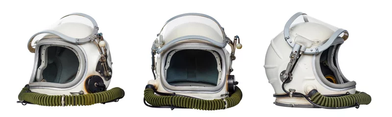 Foto op Plexiglas Set van ruimte helmen geïsoleerd op een witte achtergrond. © Demetrio