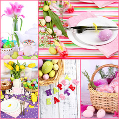 Easter collage with easter eggs and table setting