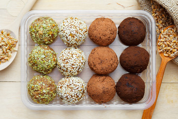 balls from ground wheat sprouts with sesame, pumpkin seeds and