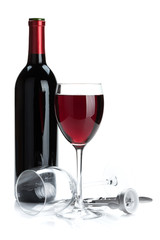 Red wine bottle, glasses and corkscrew