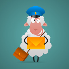Cheerful sheep mailman holds letter