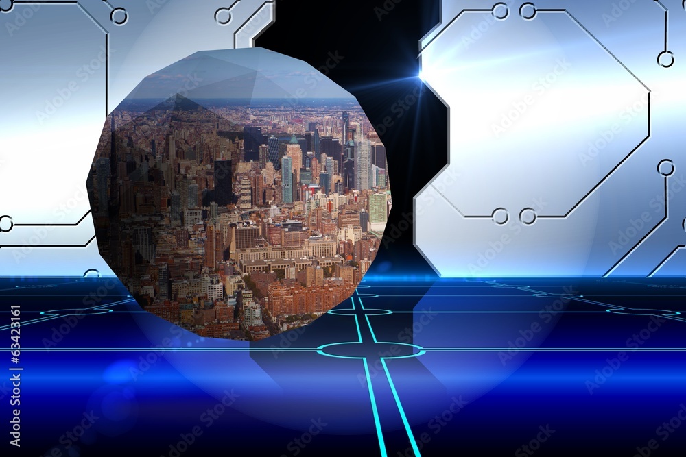 Poster composite image of cityscape on abstract screen