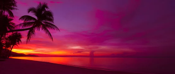 Papier Peint photo Plage et mer Coucher de soleil tropical avec panorama de silhouette de palmier