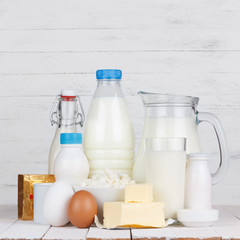 Dairy products assortment on wooden table