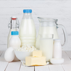 Dairy products on wooden table