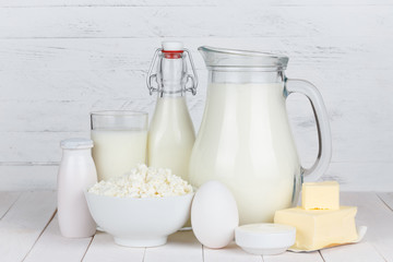 Dairy products on wooden table