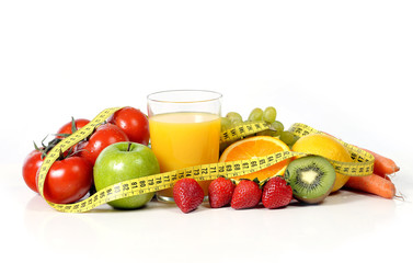fresh fruit , vegetables , orange juice wrapped in measure tape
