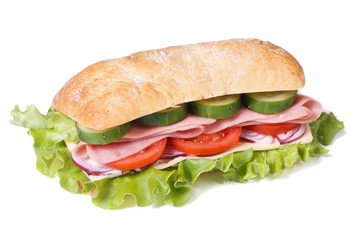 ciabatta sandwich with ham and vegetables isolated