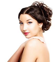 Fototapeta premium Pretty girl, white background, copyspace