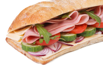 sandwich with ham, vegetables and arugula salad isolated
