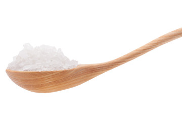 Mineral salt in wooden spoon isolated on white background cutout