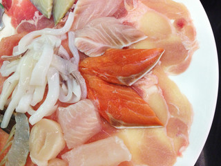 the shabu meat set with sliced pork, salmon, fish, squid and chi