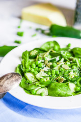 Green salad with spinach,pepper,sweet peas and parmesan on rusti