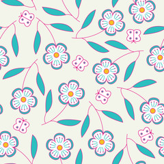 Seamless hand drawn pattern with flowers and butterflies.