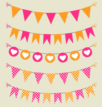 Bunting set pink and orange hearts and polka dots