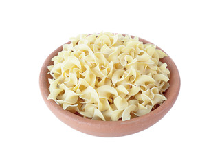 Wide egg noodles in bowl of clay on white