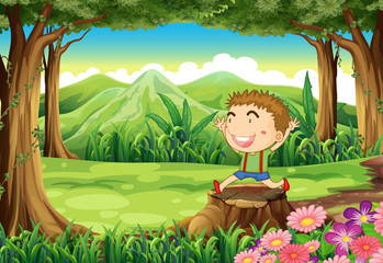 Obraz na płótnie Canvas A stump at the woods with a cute little boy