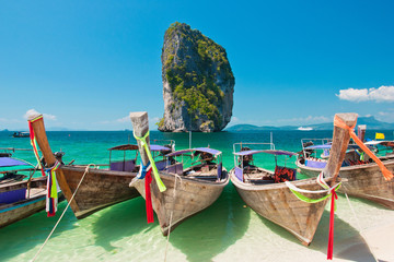 Beautiful Beach & Longtail Boats at Krabi, Thailand