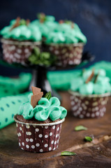 Fototapeta na wymiar Chocolate muffins with mint cream