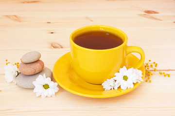 cozy cup of herbral tea and white spring daisies