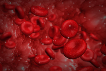 Computer graphic design of red blood cells flowing inside vessel