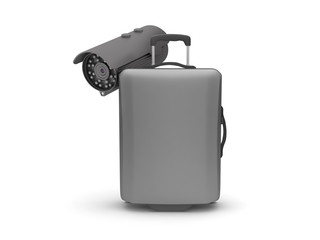 Suitcase and security cam on white background