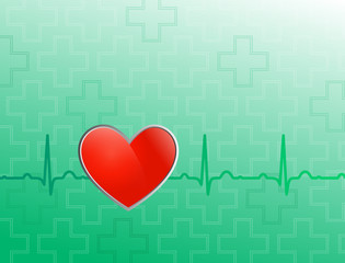 Vector medical background. Red heart on blue and green backgroun