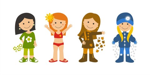 Niñas representando las cuatro estaciones. Ilustración vectorial