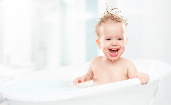 Happy Funny  Baby  Laughing And Bathed In Bath