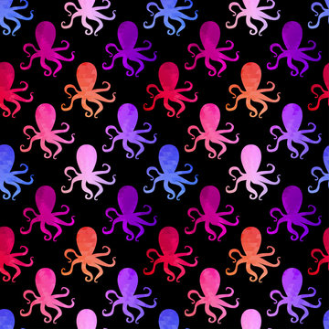 seamless pattern with octopus and fishes. Colorful mosaic backdr