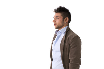 Handsome young man portrait, standing isolated on white