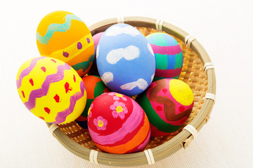 Colourful easter egg in wicker basket