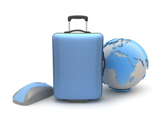 Travel bag, earth globe and computer mouse
