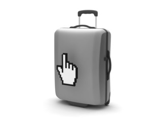 Suitcase and hand cursor on white background