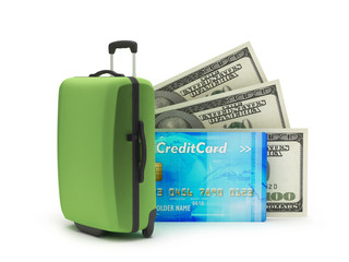 Travel bag, dollar bills and credit card on white background