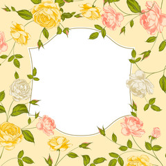 Color card with spring roses in vintage style.