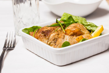 buckwheat with lemon and letuce and fried chicken