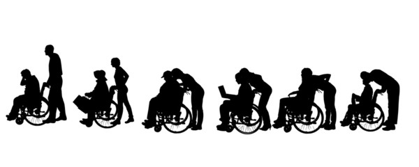 Obraz premium Vector silhouettes of people in a wheelchair.