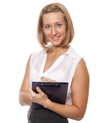 Fototapeta premium beautiful girl secretary writes in her notebook. Isolated on whi
