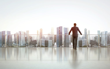 Businessman standing on a roof and looking at city