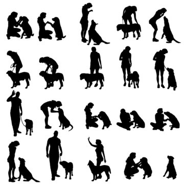 Vector silhouette of people with a dog.