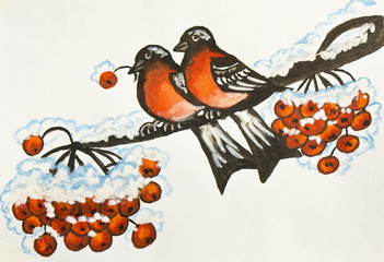 Two bullfinches, painting